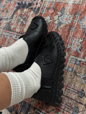 Y2K Black Leather Slip On Shoes Chunky Comfort Gorpcore